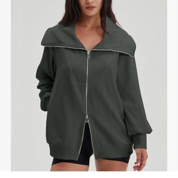 NWOT -  Women's Zip Up Oversized Sweatshirts Long Sleeve Collared Casual Jacket - Picture 3 of 4